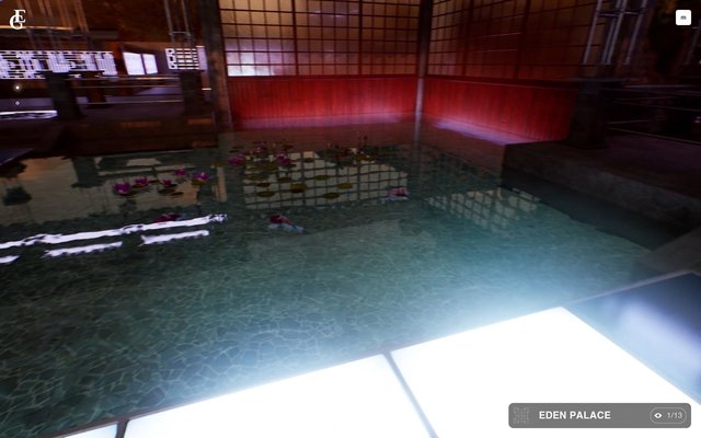 Video Reference: indoor, Japanese-style, water pool, floating flowers, lattice screens, wooden interior, red lighting, reflection, spa, garden, art installation, traditional architecture, calm, dark room