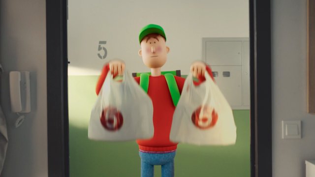 Video Reference: cartoon, animated, delivery worker, courier, shopping bags, hallway, indoor, package delivery, red shirt, green cap, front view, motion blur