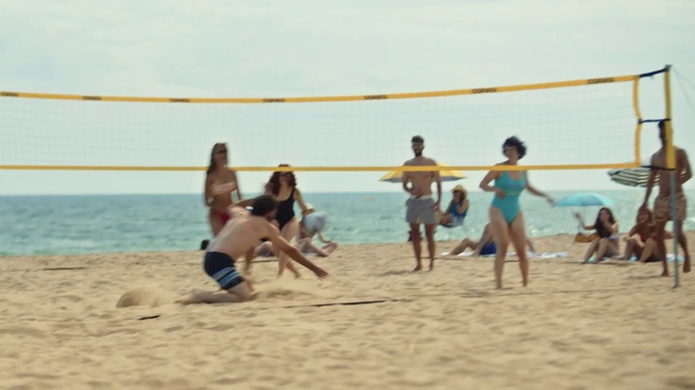Video Reference: Water, Active shorts, Volleyball net, Sky, Shorts, Beach, Net sports, People on beach, Volleyball player, Swimwear