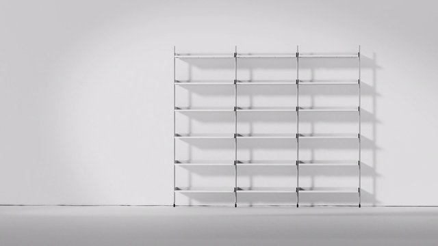 Video Reference: minimalist, empty room, white wall, shelving unit, bookshelf, modern interior, metal frame, white shelves, simple design, shadows, furniture, indoor, clean, sparse, home decor