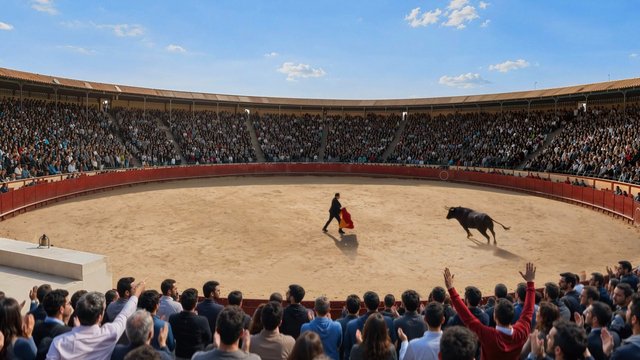 Video Reference: bullfighting, arena, matador, bull, crowd, stadium, cape, sand, outdoor, spectators, performance, sport, festival, Spanish, ring, public event