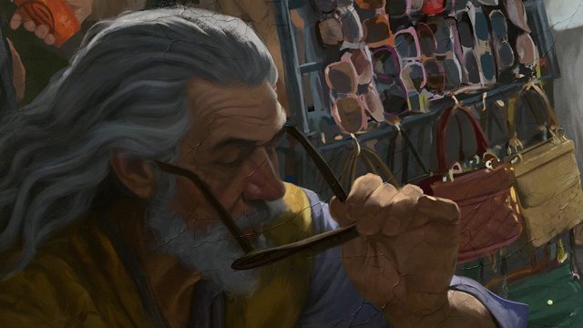 Video Reference: painting, older man, gray hair, beard, artisan, craftsman, close-up, indoor, hanging items, market stall, workshop, hands, brush, artwork, illustration, portrait