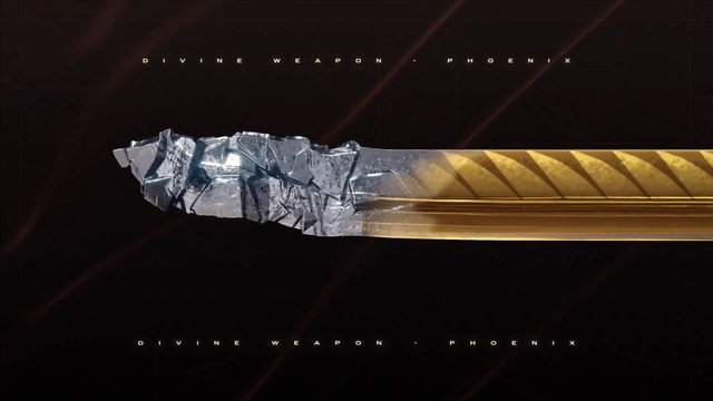 Video Reference: sword, blade, gold, weapon, fantasy, phoenix, title text, dark background, metal, artwork, cinematic, abstract, game art