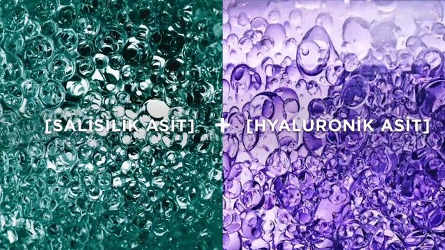 Video Reference: split screen, bubbles, gel texture, abstract, green, purple, text overlay, salicylic acid, hyaluronic acid, cosmetic, skincare, close up, macro, background