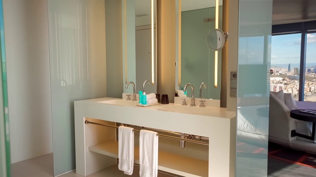 Video Reference: Mirror, Furniture, Tap, Building, Cabinetry, Table, Countertop, Sink, Azure, Wood