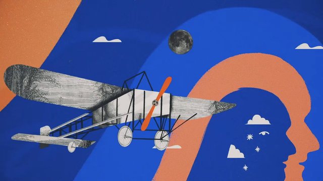 Video Reference: airplane, illustration, abstract, blue, orange, clouds, moon, aviation, vintage, art, graphic, retro, sky, surreal