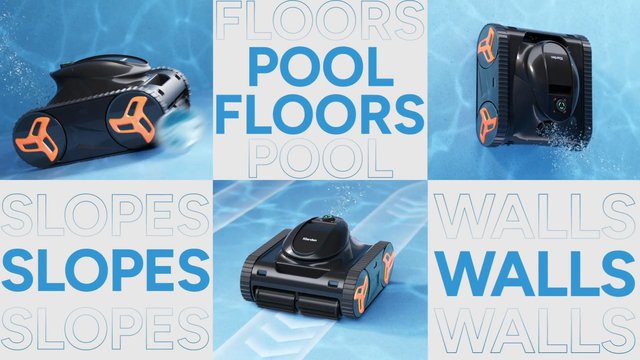 Video Reference: robotic pool cleaner, pool, swimming pool, cleaning device, underwater, collage, promo, floors, walls, slopes, water, pool maintenance, device, robot, blue background