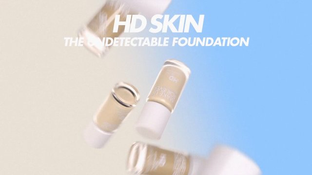 Video Reference: cosmetics, foundation, makeup, skincare, beauty, product shot, advertising, promotion, packaging, gradient background, floating objects, HD skin, foundation bottle, brand text, minimal design, commercial