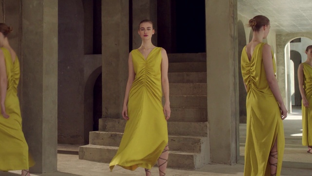 Video Reference: Joint, Shoulder, One-piece garment, Dress, Neck, Sleeve, Yellow, Waist, Fashion design, Day dress