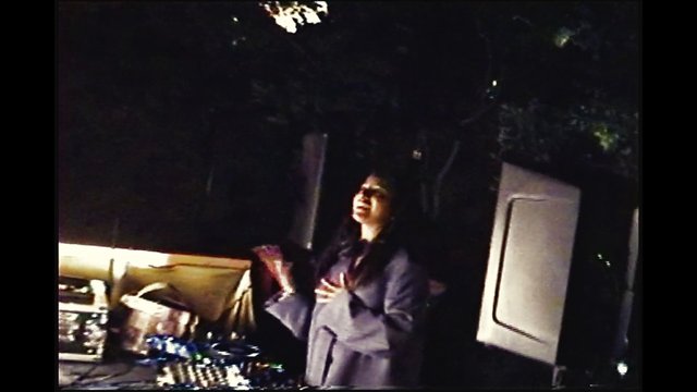 Video Reference: woman, outdoor, night, dark, standing, table, trees, panel, presentation, low light, event, people
