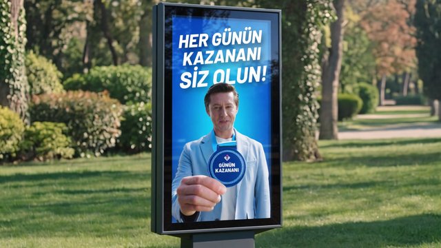 Video Reference: digital billboard, outdoor advertisement, park, trees, grass, man, holding sign, Turkish text, blue background, poster, public display, daylight
