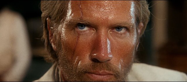 Video Reference: close-up, man, bearded, sweaty, intense gaze, blue eyes, face, indoors, dramatic lighting, serious, portrait, film still