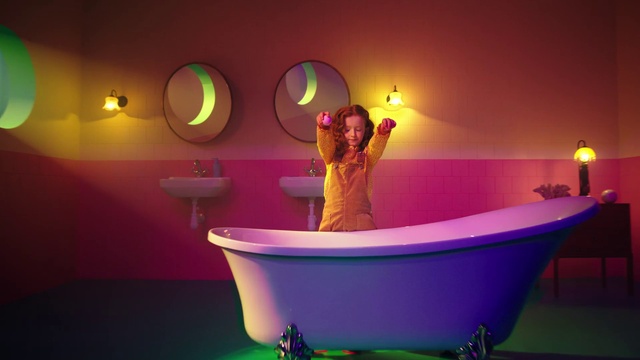 Video Reference: Bathtub, Purple, Plumbing fixture, Interior design, Bathroom, Lighting, Gesture, Pink, Violet, Line