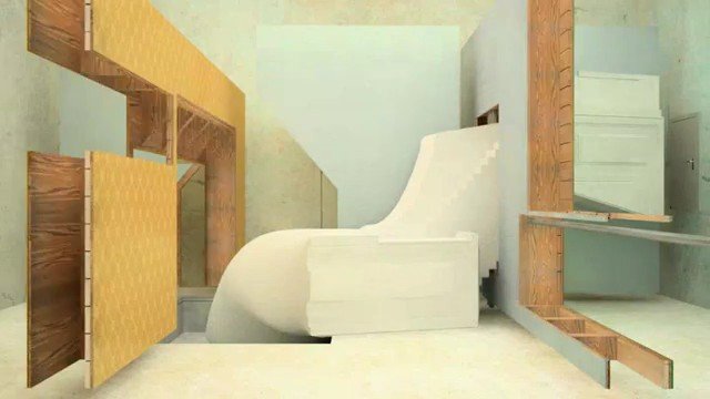 Video Reference: interior, construction, architectural model, unfinished, wood framing, curved structure, staircase, renovation, building site, empty room, indoors, walls, model, design