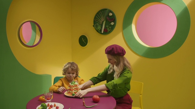 Video Reference: Table, Lighting, Toy, Chair, Yellow, Pink, Happy, Sharing, Red, Fun