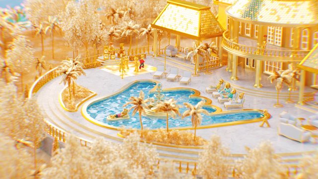 Video Reference: luxury, pool, mansion, gold, white, palm trees, courtyard, lounge chairs, patio, stage, fountain, outdoor, toy figures, fantasy, 3D render, estate