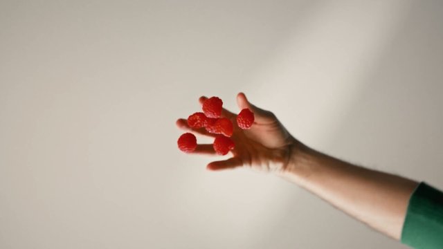 Video Reference: hand, berries, red fruit, close-up, minimal background, food, still life, macro, simple composition, natural light, outstretched hand, fresh fruit