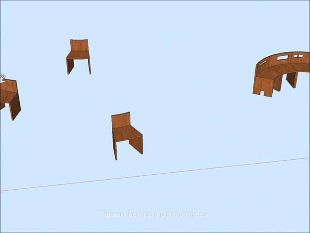 Video Reference: 3d, chairs, wooden, floating, models, render, blue background, minimal, abstract, subtitle, scene, design, objects