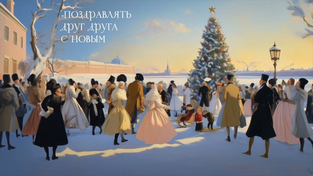 Video Reference: winter, christmas tree, crowd, historical clothing, festive, snow, outdoor, holiday, cyrillic text, gathering, sunset, illustration, old town, people, celebration