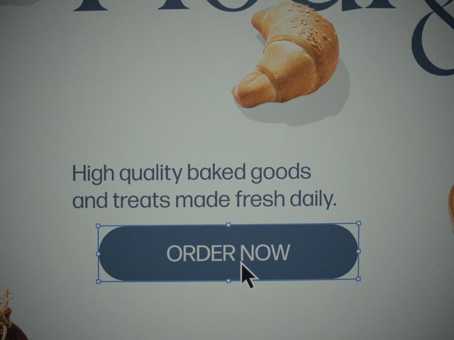 Video Reference: bakery, croissant, baked goods, dessert, webpage, advertisement, order now, button, cursor, marketing, food, promotion, fresh daily, design mockup