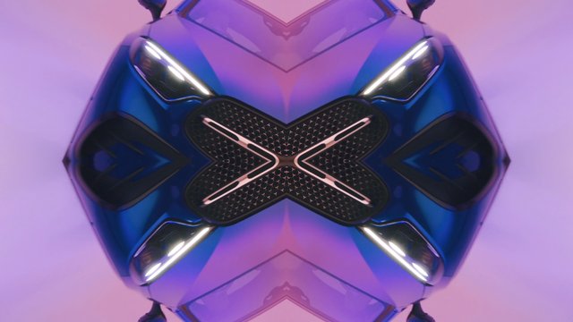 Video Reference: car, sports car, front view, headlights, grille, mirror symmetry, abstract, blue, purple lighting, automotive, close-up, futuristic, reflection