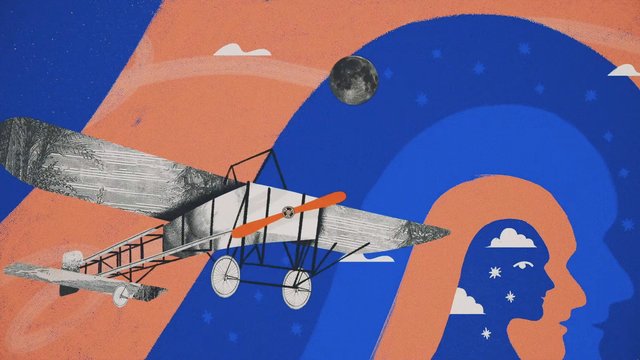 Video Reference: illustration, biplane, airplane, aviation, vintage, sky, clouds, abstract, collage, retro, blue, orange, travel, history, art, silhouette