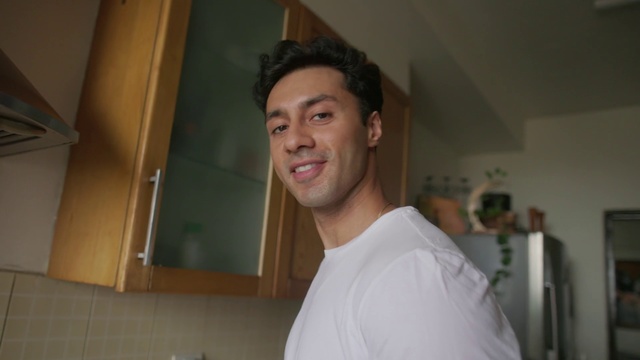 Video Reference: Forehead, Cheek, Smile, Jaw, Eyelash, Beard, Happy, Black hair, T-shirt, Chest