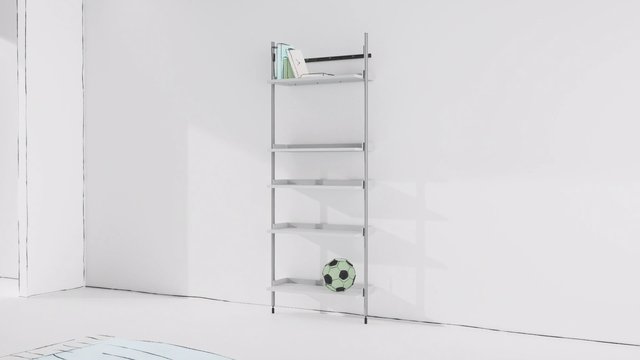 Video Reference: interior, room, shelf, books, soccer ball, minimal, white wall, furniture, modern, clean, empty room, storage