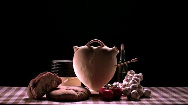 Video Reference: still life, food, ceramic jug, bread, vegetables, bottle, tablecloth, studio lighting, black background, rustic, arrangement, traditional, market, cooking, dining, product shot