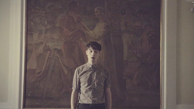 Video Reference: indoor, young man, standing, painting, mural, framed artwork, wall art, dim light, room interior, portrait, patterned shirt, front view