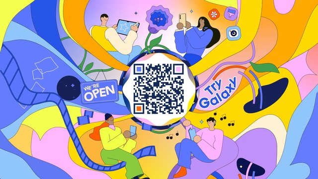 Video Reference: digital illustration, QR code, smartphone, people, social media, colorful, abstract, startup, open sign, mobile app, technology, promotion, vector art, playful, yellow, blue