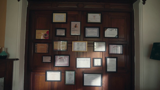 Video Reference: Brown, Property, Wood, Rectangle, Interior design, Art, Picture frame, Shelving, Wall, Line