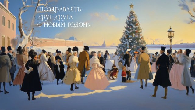 Video Reference: winter, snow, christmas tree, holiday, crowd, outdoor, historical clothing, festive, town square, sunset, illustration, russian text, new year, gathering, decorated tree
