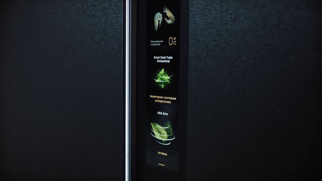 Video Reference: refrigerator, appliance, control panel, display, temperature, dark interior, kitchen, close-up, technology, modern, Russian text, door panel, status screen, home appliance