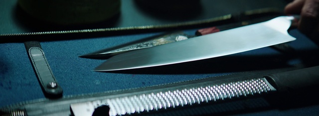 Video Reference: Green, Knife, Line, Cutlery, Material property, Tool, Blade, Metal, Electric blue, Close-up