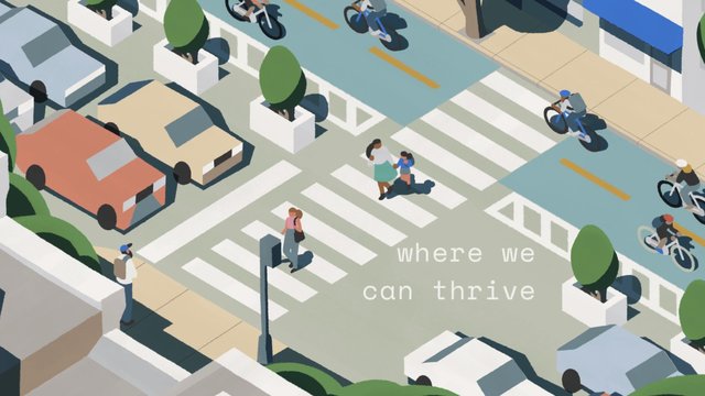 Video Reference: isometric, street, intersection, crosswalk, cyclists, pedestrians, cars, urban, city, bike lane, trees, illustration, transportation, sidewalk, top view, text