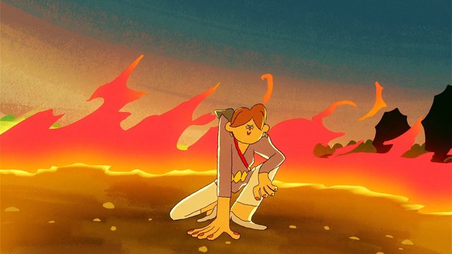 Video Reference: animation, cartoon, character, crouching, desert, sunset, dramatic, flames, smoke, stylized, landscape, action, fantasy, colorful, outdoor