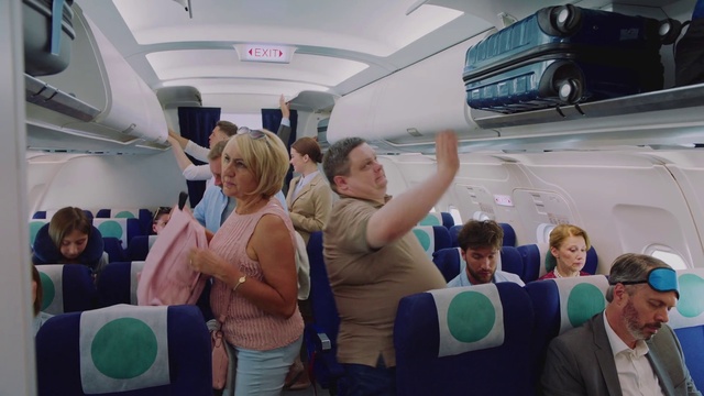 Video Reference: Shirt, Vehicle, Air travel, Aircraft cabin, Passenger, Shorts, Travel, Hat, Fun, Airplane