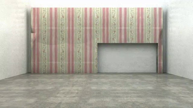 Video Reference: empty room, interior, wallpaper, patterned wall, gray floor, alcove, recessed opening, indoor space, minimal, vacant, room corner, wall texture