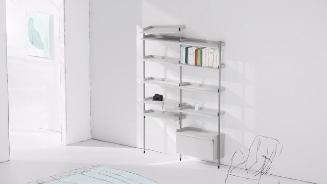Video Reference: minimalist room, white interior, bookshelf, books, camera, abstract art, wall art, modern furniture, shelving unit, bright lighting, empty room, interior design, chair, clean decor