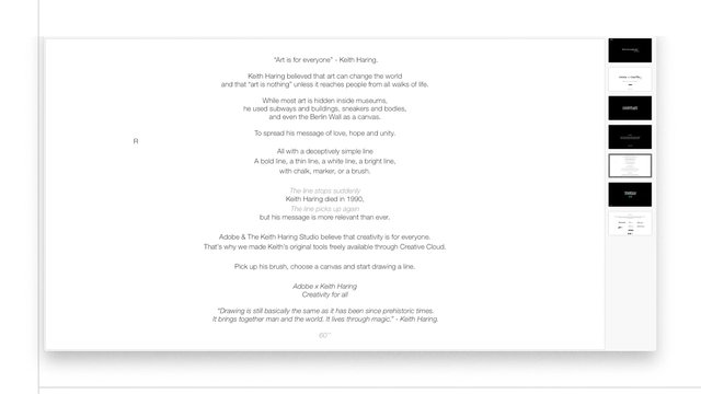 Video Reference: presentation, slide, text, white background, Keith Haring, Adobe, typography, editor interface, document, minimal, art, quote