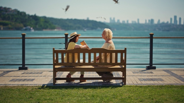Video Reference: Water, Sky, Outdoor bench, Wood, People in nature, Outdoor furniture, Dress, Lake, Sunlight, Leisure