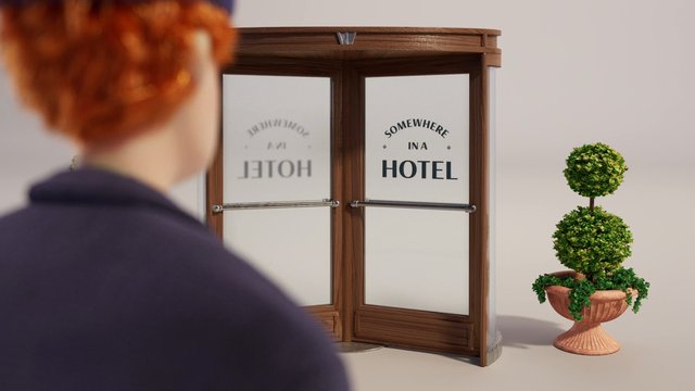 Video Reference: hotel, revolving door, frosted glass, wooden frame, person seen from behind, interior, lobby, topiary, planter, decorative plant, signage, blurred foreground