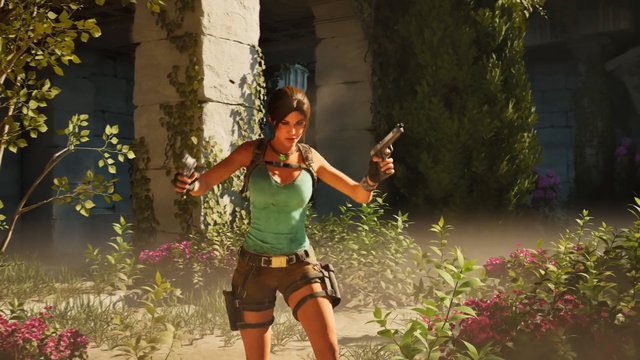 Video Reference: video game, female character, pistols, action, adventure, ruins, jungle, vines, flowers, third person, tomb, exploration, combat, sunlight, outdoor, fictional