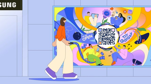Video Reference: illustration, advertisement, qr code, poster, smartphone, people, colorful, digital art, mobile app, storefront, marketing, technology, modern, social media, comic style, bright