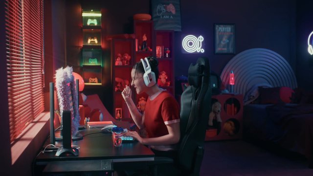 Video Reference: gaming room, desk, computer, headphones, person, neon lights, interior, gaming chair, shelves, blinds, monitor, keyboard, decorative lights, streaming setup, nighttime, home office