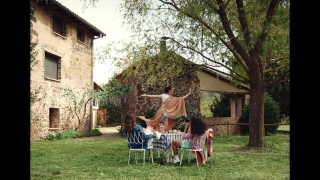 Video Reference: outdoor, garden, friends, table, stone house, tree, grass, summer, relaxing, countryside, lifestyle, social gathering, rustic, patio, picnic, conversation