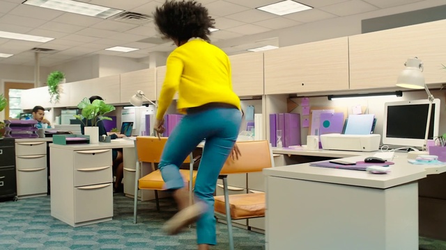 Video Reference: Joint, Table, Furniture, Office chair, Desk, Human body, Chair, Computer desk, Standing, Thigh