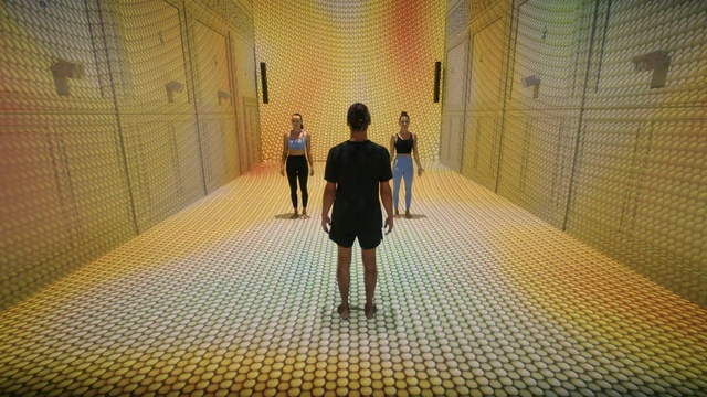Video Reference: World, Standing, Yellow, Floor, Flooring, Symmetry, Tints and shades, Road surface, Art, Fun