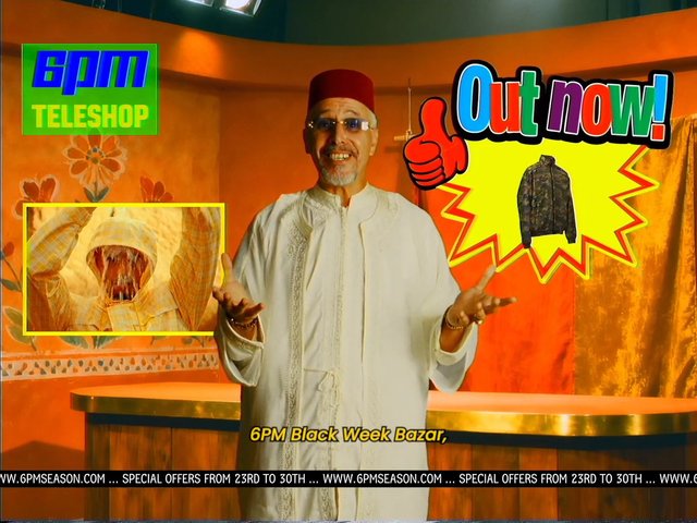 Video Reference: studio, television, shopping, advertisement, man, robe, red cap, promotional graphics, product display, colorful background, signage, commercial, sale, banner, presenter, interior
